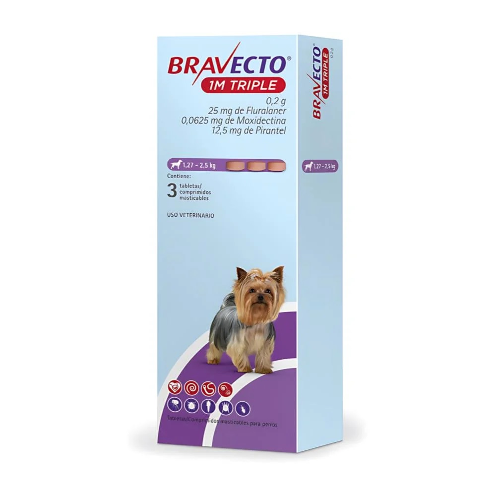 Bravecto-1M-Triple-1-27-a-2-5kg-x-3-tab-25mg-Antipulgas-para-perros.jpg Bravecto 1M TRIPLE 25 MG - Imagen 1
